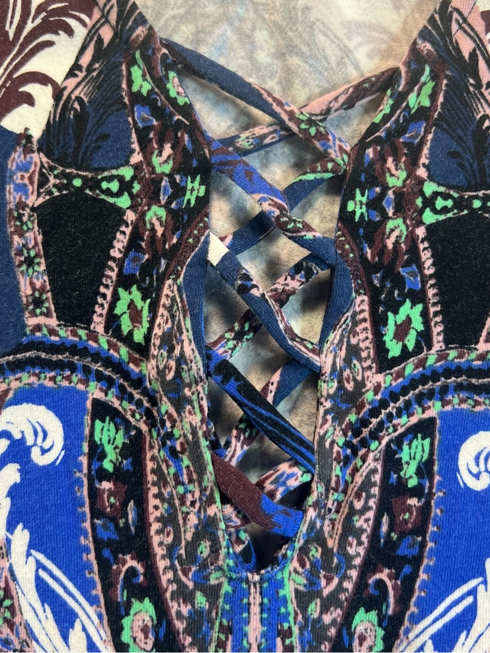 Free People Blue Paisley Lace-Up V-Neck Long Sleeve Bodysuit - Picture 4 of 8